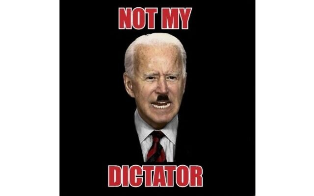 T-shirt emblazoned with the image of US President Joe Biden sporting a Hitler mustache above the words 'Not My Dictator,' on sale on 'The MAGA mall' online store. (Screen capture)