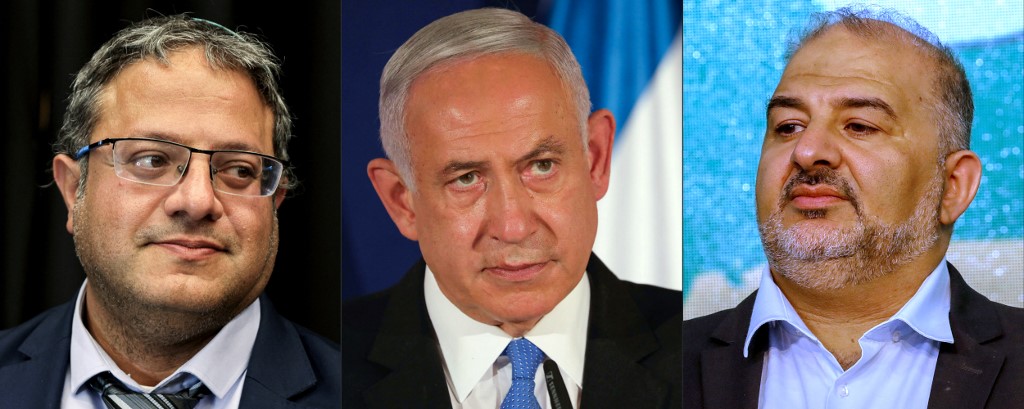 (COMBO) This combination of pictures created on March 26, 2021, shows (R to L) Itamar Ben Gvir, head of the Israeli Jewish Power (Otzma Yehudit) party party, on March 15, 2021, Israeli Prime Minister Benjamin Netanyahu, on March 11, 2021 and Mansour Abbas, head of a conservative Islamic party Raam, on March 23, 2021. – Netanyahu this week has a unique challenge in Israeli history: rallying the far right and the Islamists in the same government. (Photos by various sources / AFP)