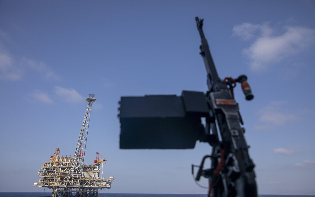 In this Tuesday, Sept. 29, 2020 file photo, Israel's offshore Leviathan gas field is seen from on board the Israeli Navy Ship Lahav during a rare tour in the Mediterranean Sea, Israel. (AP/Ariel Schalit)