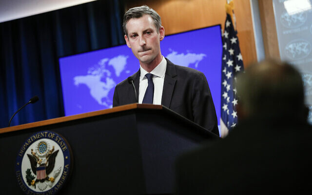 US State Department Spokesman Ned Price speaks to reporters during a news briefing at the State Department in Washington, on Monday, March 1, 2021. (Tom Brenner/Pool via AP)