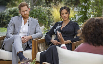 Prince Harry and Meghan, duke and duchess of Sussex, in conversation with Oprah Winfrey in an interview broadcast March 7, 2021. (Joe Pugliese/Harpo Productions via AP, File)