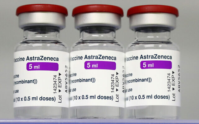 Vials of the AstraZeneca COVID-19 vaccine in a fridge at the local vaccine center in Ebersberg near Munich, Germany, March 22, 2021. (Matthias Schrader/AP)