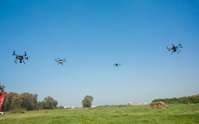 Drones flying near the city of Hadera on March 17, 2021, in a pilot run by the Israel Innovation Authority with partners and startups to create a network of drone deliveries in Israel (Courtesy)