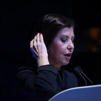 Then-Meretz party leader Zehava Galon speaks at the Annual International Conference of the Institute for National Security Studies in Tel Aviv on January 31, 2018. (Flash90)