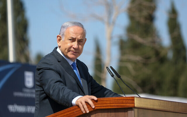 Prime Minister Benjamin Netanyahu at a ceremony in Tel-Hai, northern Israel, February 23, 2021. (David Cohen/Flash90)