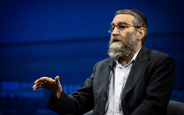 United Torah Judaism leader MK Moshe Gafni at a conference in Jerusalem on March 7, 2021. (Yonatan Sindel/Flash90)