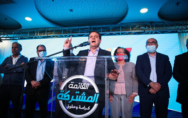 Joint List party chairman Ayman Odeh speaks at party headquarters, in the city of Shfar'am, on elections night, on March 23, 2021 (David Cohen/Flash90