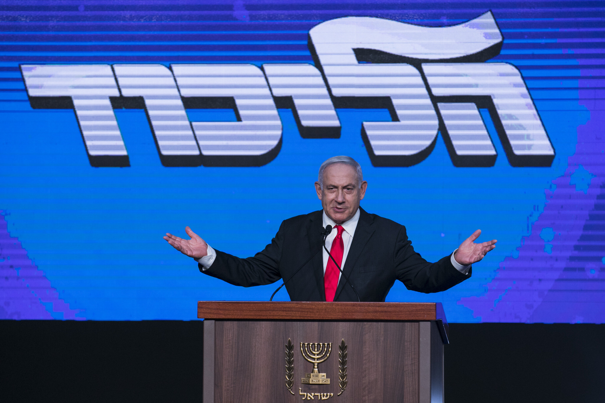 Prime Minister Benjamin Netanyahu addresses his supporters on the night of the Israeli elections, at a Likud party event in Jerusalem, in the early hours of March 24, 2021. (Olivier Fitoussi/Flash90)