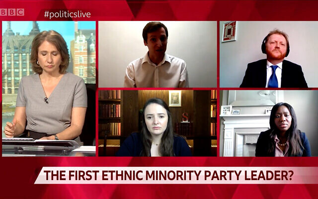 BBC panelists discuss Jews' status as an ethnic minority, March 1, 2021. (Screenshot)