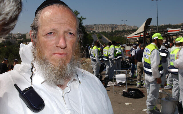 Yehuda Meshi-Zahav, head of Israel's ZAKA emergency services unit, at the scene of a suicide bombing. (Flash90/File)