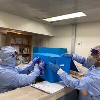 Officials prepare a polling station for COVID-19 patents at Rambam Medical Center in Haifa for the March 2021 election (courtesy of Rambam Medical Center)
