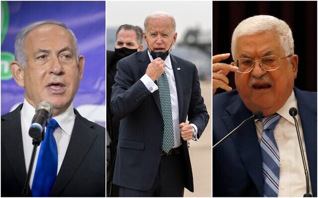 (L-R) Prime Minister Benjamin Netanyahu, US President Joe Biden and Palestinian Authority President Mahmoud Abbas. (Collage/AP)