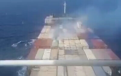 A fire is seen on the Iranian Shahr E Kord cargo ship in the Mediterranean on March 10, 2021. (Screenshot: Twitter)