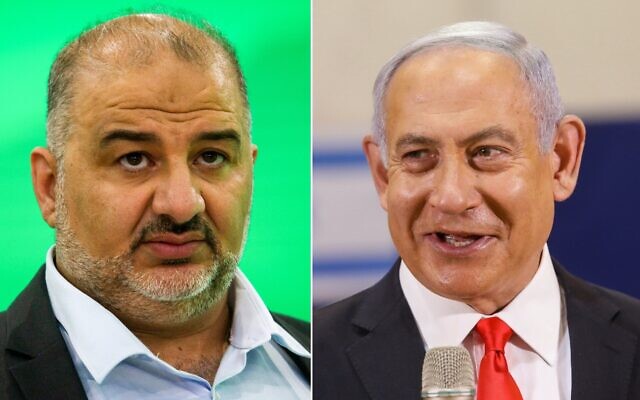 A combination image showing former prime minister Benjamin Netanyahu (R) (Marc Israel Sellem/POOL) and Ra'am party leader Mansour Abbas March 23, 2021. (Flash90)