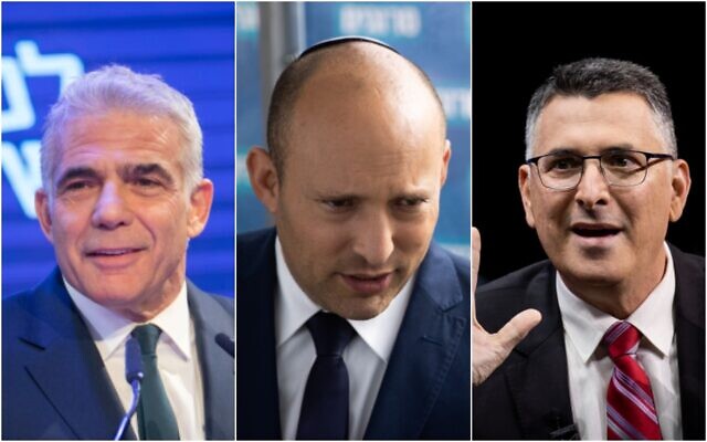 Left to right: Yesh Atid party leader Yair Lapid (Miriam Alster/Flash90); Yamina party chief Naftali Bennett; and New Hope party head Gideon Sa’ar (Yonatan Sindel/Flash90)
