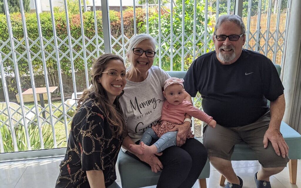 Shayna Smilovitz, baby Roni and her parents upon meeting their granddaughter for the first time in April 2021, after grappling with Israel's complicated entry rules during the coronavirus pandemic (Courtesy Shayna Smilovitz)