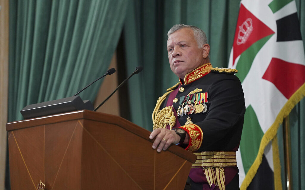 In this Dec. 10, 2020,  photo released by the Royal Hashemite Court, Jordan's King Abdullah II gives a speech during the inauguration of the 19th Parliament's non-ordinary session, in Amman, Jordan. (Yousef Allan/The Royal Hashemite Court via AP, File)