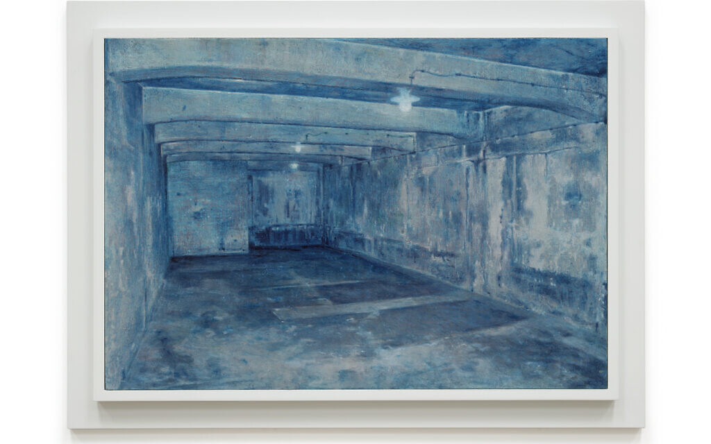 A gas chamber in Auschwitz, from 'Prussian Blue,' Yishai Jusidman's series of 50 paintings on display at the Mishkan Museum of Art at Ein Harod from March 24, 2021 (Courtesy Ein Harod)