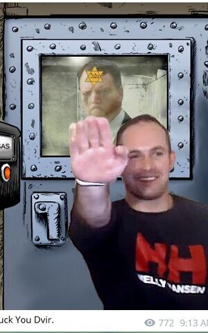 Thomas Sewell, head of the Australian neo-Nazi group National Socialist Network, performs a Nazi salute in front of a graphic showing Dvir Abramovich, chairman of the Anti-Defamation Commission, in a gas chamber with a yellow Star of David on his forehead. (via the Australian Anti-Defamation Commission)