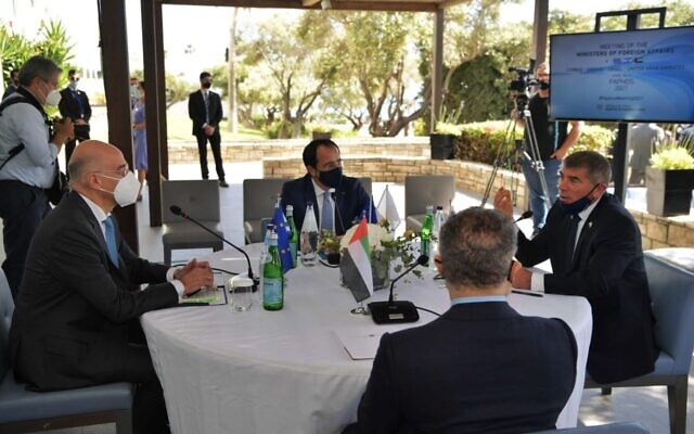 Foreign Minister Gabi Ashkenazi (right) meets with top diplomats from Greece, Cyprus and the United Arab Emirates in Paphos, Cyprus, on April 16, 2021 (Courtesy)