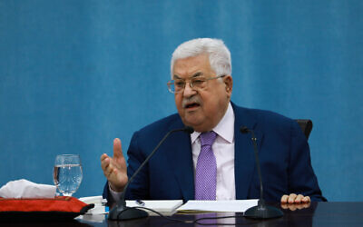 Palestinian Authority President Mahmoud Abbas delivers a speech regarding the coronavirus pandemic, at PA headquarters in the West Bank city of Ramallah, May 5, 2020.