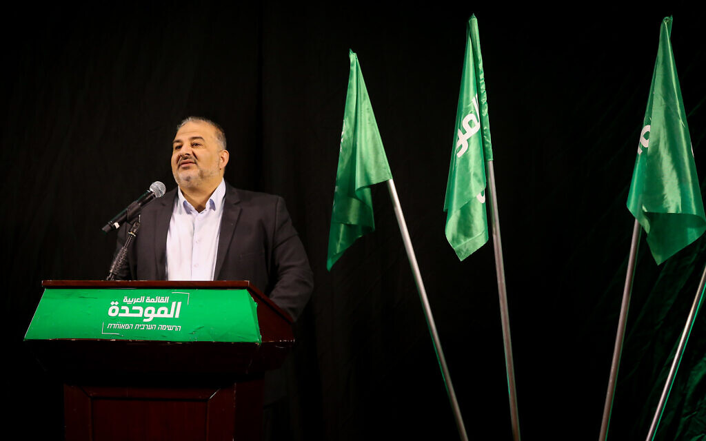 Ra'am leader Mansour Abbas gives a speech in the northern city of Nazareth, on April 1, 2021. (David Cohen/Flash90)