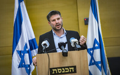 Head of the Religious Zionism party Bezalel Smotrich gives a press statement in the Knesset, in Jerusalem, April 4, 2021. (Olivier FItoussi/Flash90)