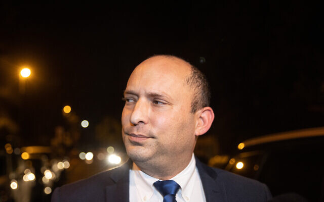 Yamina party leader Naftali Bennett arrives for a meeting with Prime Minister Benjamin Netanyahu at his official residence in Jerusalem on April 8, 2021. (Yonatan Sindel/Flash90)
