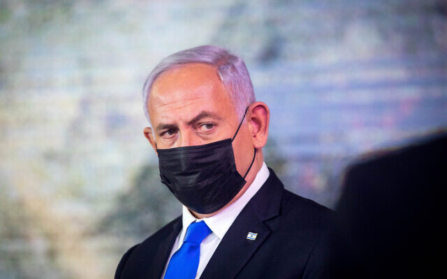 Prime Minister Benjamin Netanyahu attends the Israel Prize ceremony in Jerusalem, prior to Israel's 73rd Independence Day, on April 11, 2021. (Olivier Fitoussi/Flash90)