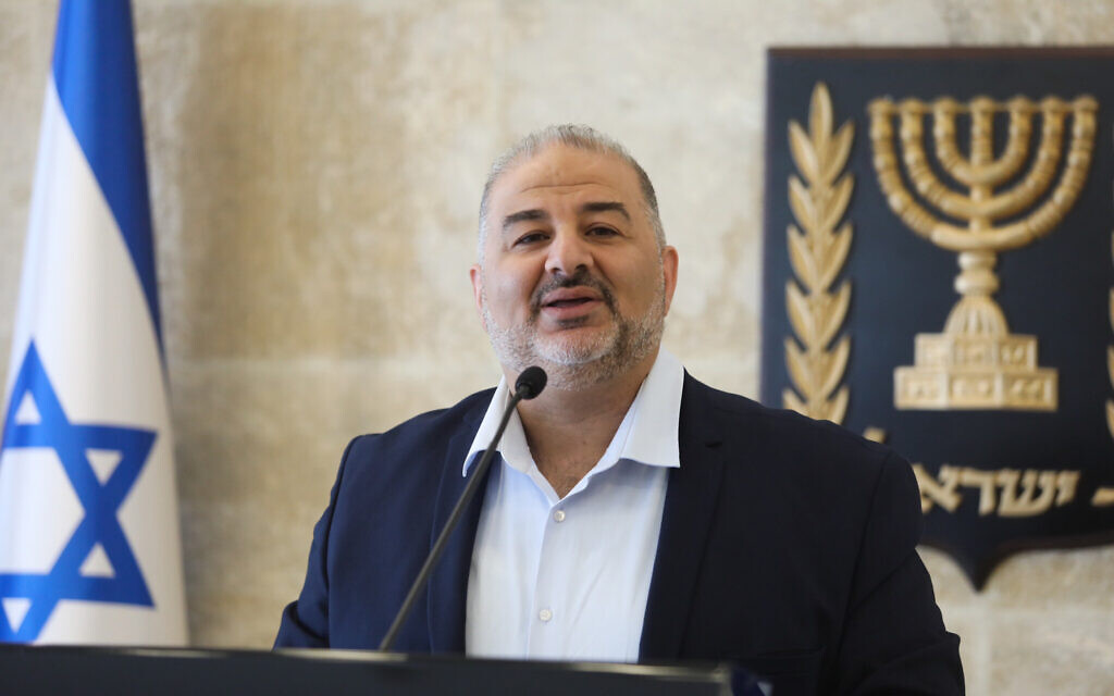 Mansour Abbas, head of the Ra'am party, leads a faction meeting, in the Israeli parliament on April 19, 2021. (Olivier Fitoussi/Flash90)