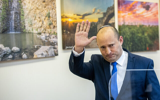 Yamina party leader Naftali Bennett at a press conference in the Knesset, in Jerusalem on April 21, 2021. (Yonatan Sindel/Flash90)