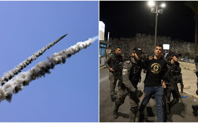Composite: (L) Rockets are fired toward the sea during a military drill along a beach off of Gaza City on April 24, 2021, hours after fighting with Israel, (R) Israeli police officers clash with Palestinians outside Damascus Gate in Jerusalem on April 22, 2021. (MAHMUD HAMS/AFP / Olivier Fitoussi/Flash90)