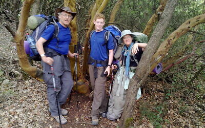 Ezra Rabinowitz, Tzippi Moss and her husband Allan Rabinowitz on the Israel Trail in 2009, the subject of her recently published book, 'Angels and Tahina' (Courtesy Tzippi Moss)