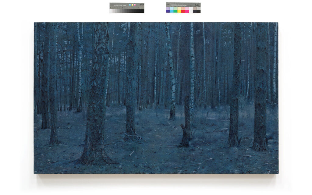 A forest in Sobibor, from 'Prussian Blue,' Yishai Jusidman's series of 50 paintings on display at the Mishkan Museum of Art at Ein Harod from March 24, 2021 (Courtesy Ein Harod)