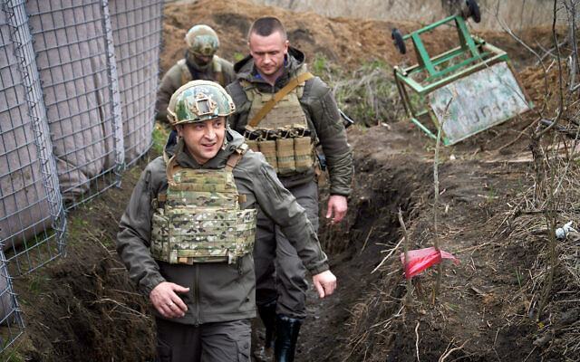 Ukrainian President Volodymyr Zelensky visits the war-hit Donbas region, eastern Ukraine, April 9, 2021. (Ukrainian Presidential Press Office via AP, File)