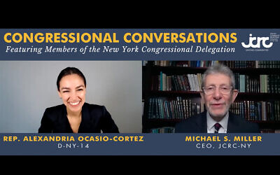 Rep. Alexandria Ocasio-Cortez, D-NY, is interviewed by Michael Miller, head of the Jewish Community Relations Council of New York, April 1, 2021. (Screenshot/YouTube)