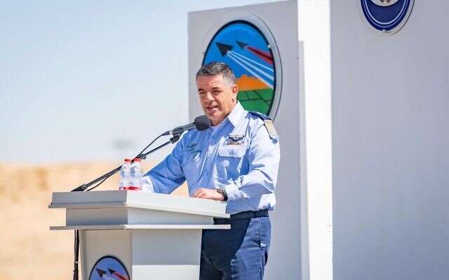 Israeli Air Force chief Amikam Norkin speaks at a reception ceremony for the new 'Oron' spy aircraft that was received by the military at the Nevatim air base in southern Israel on April 4, 2021. (Israel Defense Forces)
