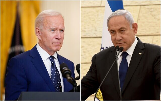 Left: US President Joe Biden speaks about Russia in the East Room of the White House, April 15, 2021, in Washington. (AP Photo/Andrew Harnik); Right: Prime Minister Benjamin Netanyahu speaks at a memorial ceremony for fallen soldiers at the Yad LeBanim House on the eve of Memorial Day, in Jerusalem, April 13, 2021. (Debbie Hill/Pool Photo via AP)