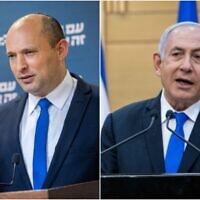 Left: Head of the Yamina party Naftali Bennett gives a press conference at the Knesset in Jerusalem, on April 21, 2021; Right: Prime Minister Benjamin Netanyahu speaks during a press conference at the Knesset in Jerusalem, on April 21, 2021 (Yonatan Sindel/Flash90)