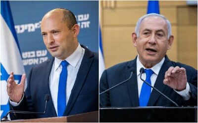Left: Head of the Yamina party Naftali Bennett gives a press conference at the Knesset in Jerusalem, on April 21, 2021; Right: Prime Minister Benjamin Netanyahu speaks during a press conference at the Knesset in Jerusalem, on April 21, 2021 (Yonatan Sindel/Flash90)