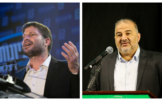 Religious Zionism chairman Bezalel Smotrich (L) and Ra'am chairman Mansour Abbas (R). (Sraya Diamant/David Cohen/Flash90)