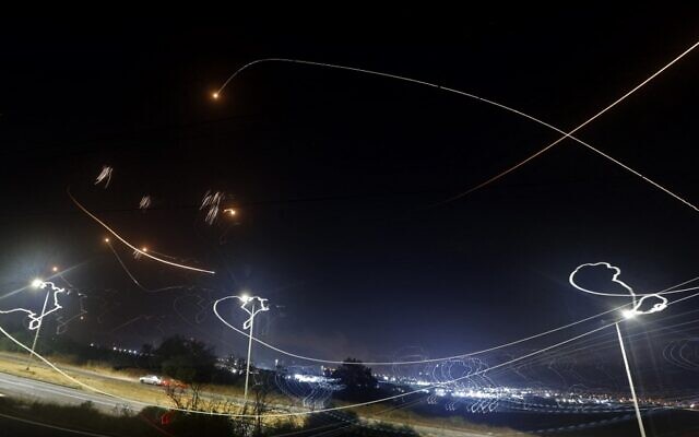Israel's Iron Dome missile defense system intercepts rockets launched by Palestinians terrorists in the Gaza Strip, above the southern coastal city of Ashkelon, on May 10, 2021. (Jack Guez/AFP)