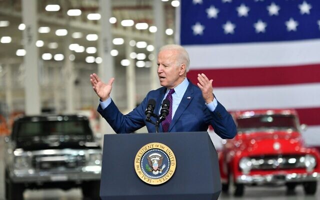 Illustrative: US President Joe Biden delivers remarks at the Ford Rouge Electric Vehicle Center, in Dearborn, Michigan, on May 18, 2021. (Nicholas Kamm / AFP)