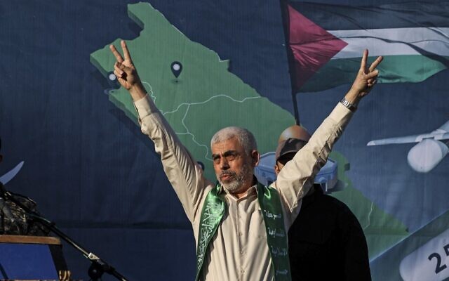 Yahya Sinwar, Hamas's leader in Gaza, gestures on stage during a rally in Gaza City, on May 24, 2021. (Mahmud Hams/ AFP/ File)