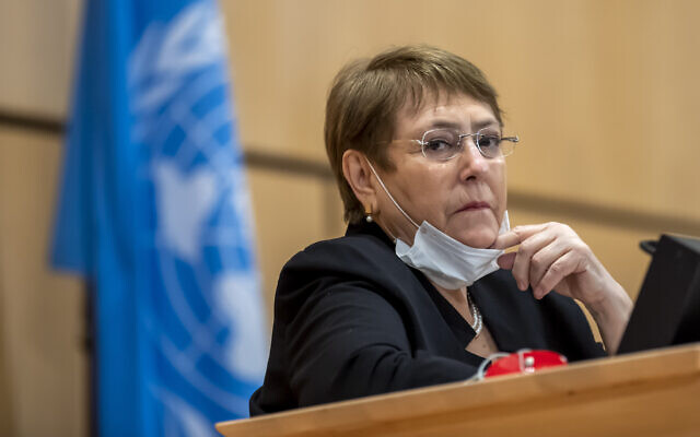 UN High Commissioner for Human Rights, Michelle Bachelet, attends a meeting of the Human Rights Council of the United Nations in Geneva, Switzerland, June 17, 2020. (Martial Trezzini/Keystone via AP)