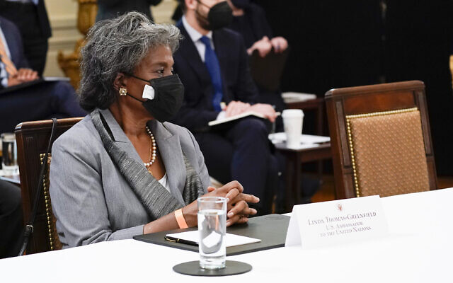 US Ambassador to the United Nations Linda Thomas-Greenfield attends a Cabinet meeting with President Joe Biden in the East Room of the White House on April 1, 2021, in Washington. (AP/Evan Vucci)
