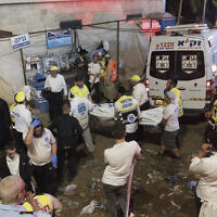 Security officials and rescuers at the scene of a fatal crush during Lag B'Omer celebrations at Mt. Meron in northern Israel, on April 30, 2021. (AP Photo)