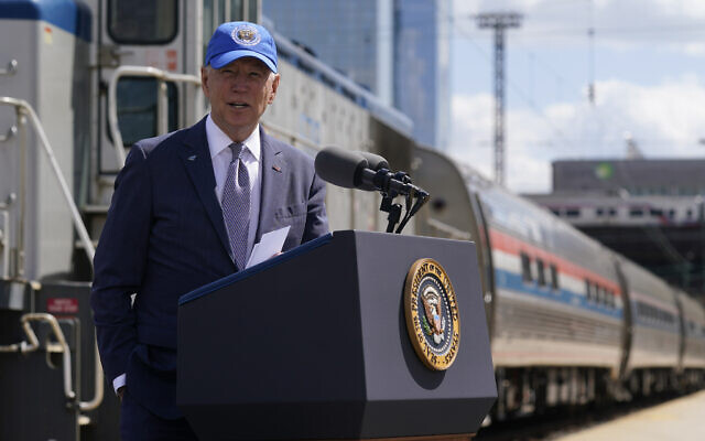 US President Joe Biden speaks during an event to mark Amtrak's 50th anniversary at 30th Street Station in Philadelphia on April 30, 2021. (AP/Patrick Semansky)