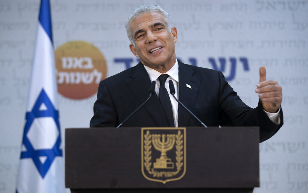 Yesh Atid leader Yair Lapid, speaks during a news conference in Tel Aviv, May 6, 2021/ (AP Photo/Oded Balilty)