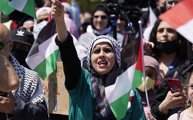 US protesters supporting Palestinians hold a rally on May 18, 2021, in Dearborn, Michigan. (AP Photo/Carlos Osorio)